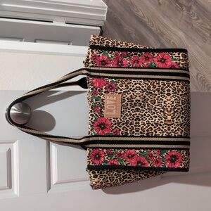 Leopard Print Tote Bag with Pink Floral Accents